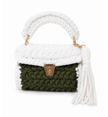 Green & White Handmade Cotton Crochet Sling Bag For Women