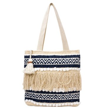 Blue & White Handmade Boho Tote Bag for Women