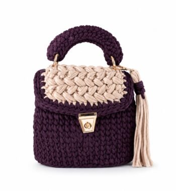Purple & Beige Handmade Cotton Crochet Sling Bag For Women