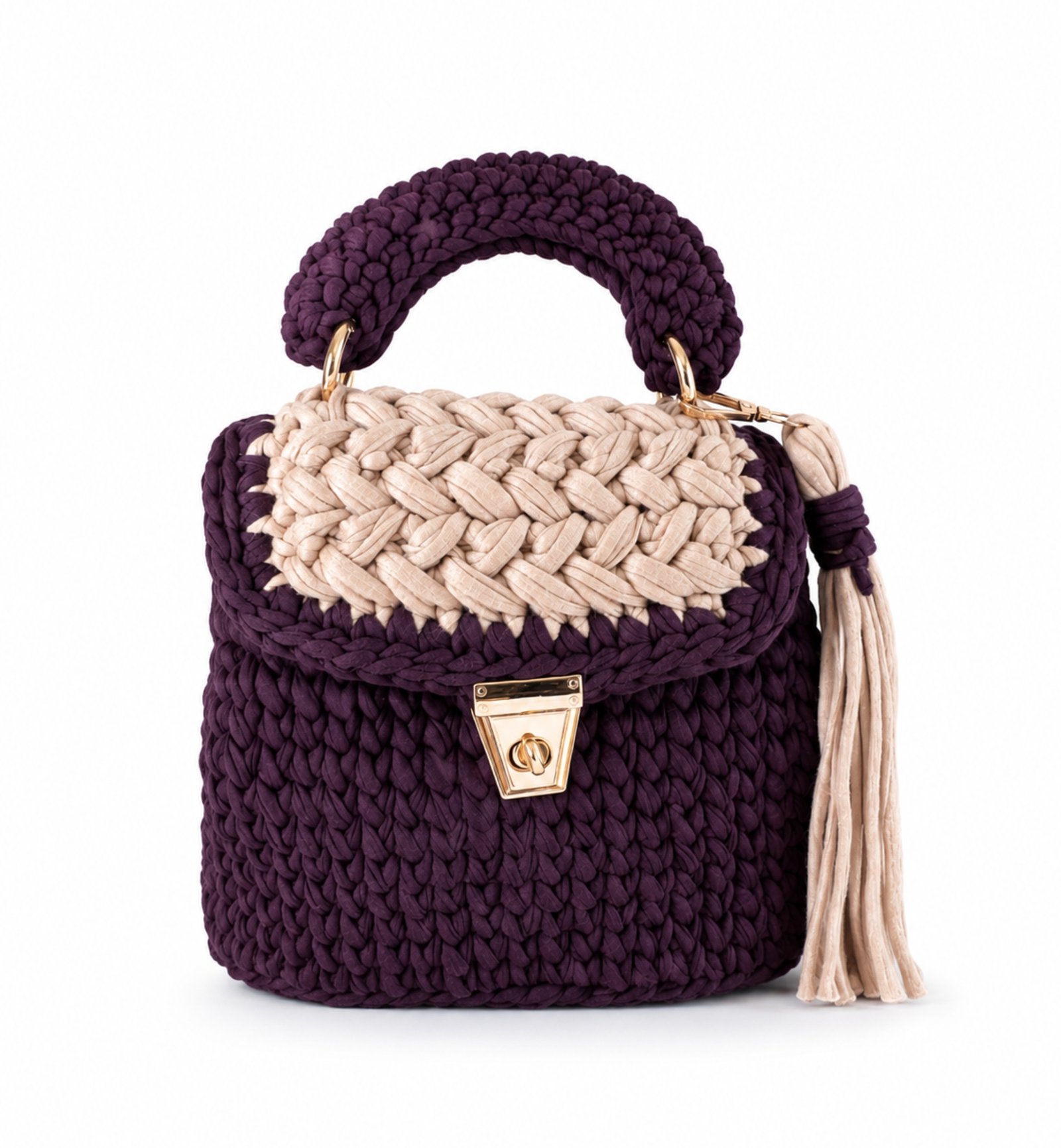 Purple & Beige Handmade Cotton Crochet Sling Bag For Women