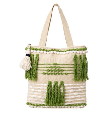 Green & White Handmade Boho Tote Bag for Women
