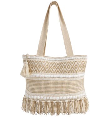 Cream & White Handmade Boho Tote Bag for Women