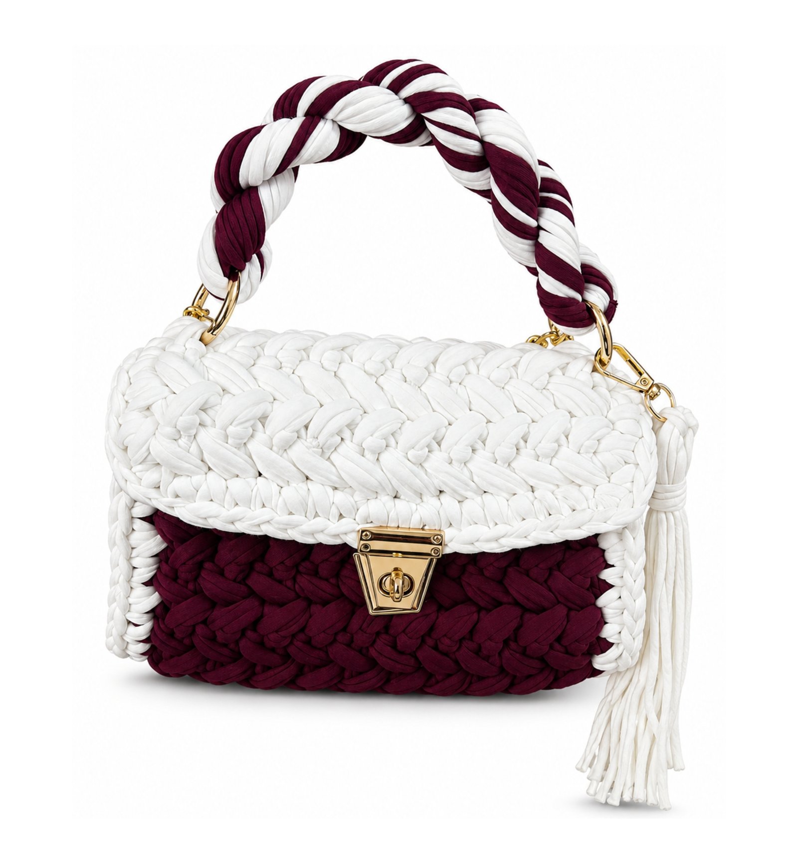 Maroon & White Handmade Cotton Crochet Sling Bag For Women