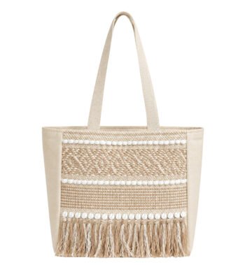Beige & Off White Handmade Tote Bag for Women