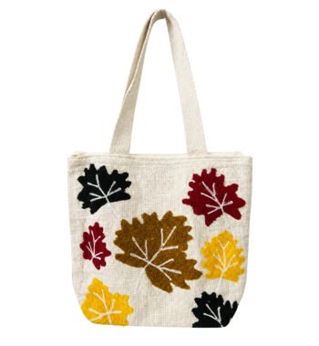 Cream Handmade Leaf Embroidered Tote Bag for Women