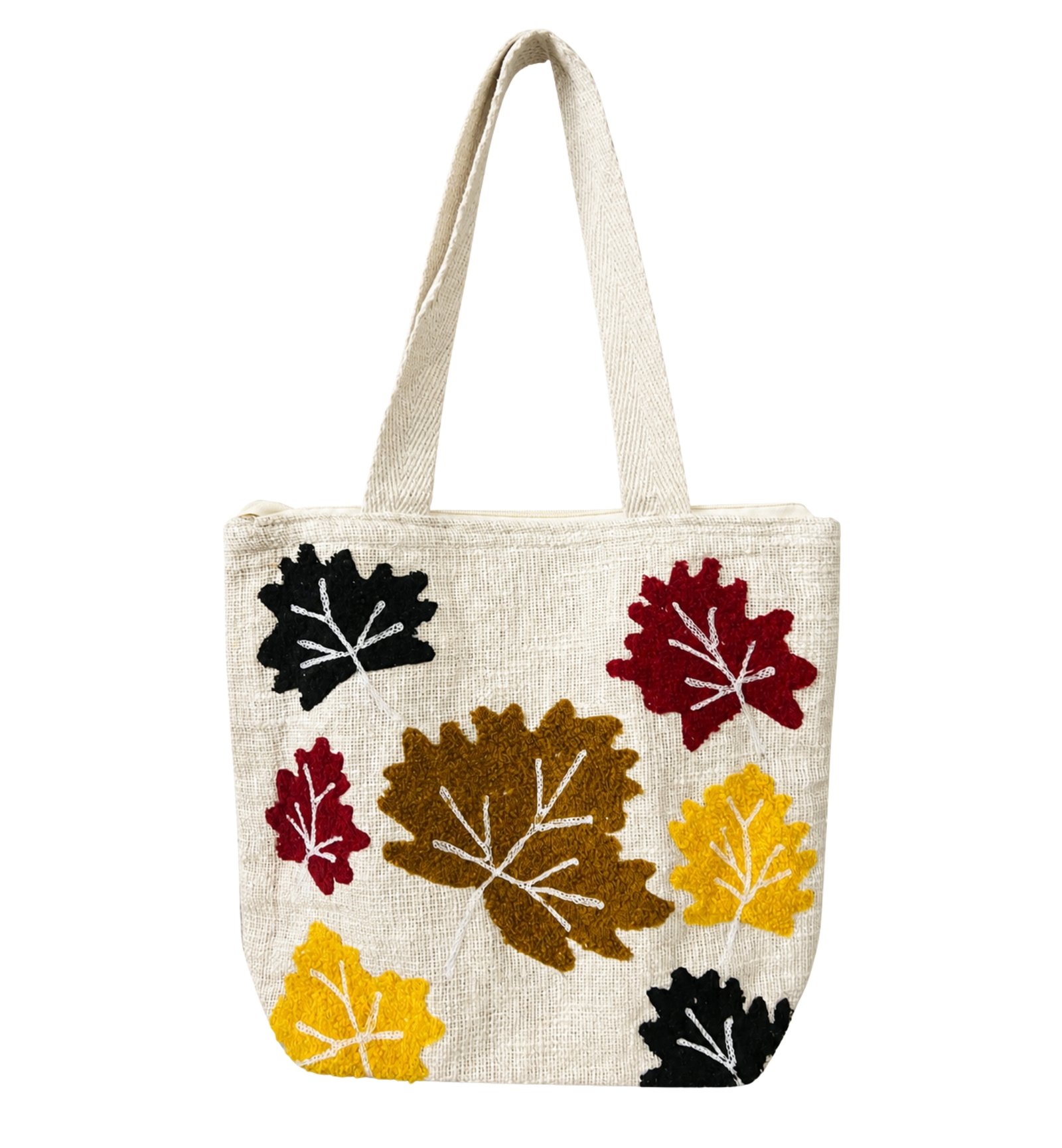Cream Handmade Leaf Embroidered Tote Bag for Women