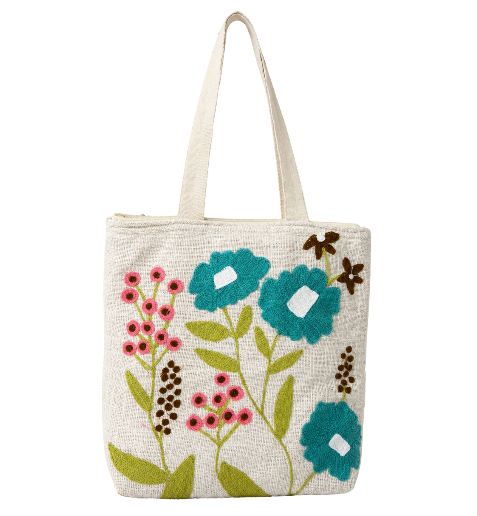 Cream Handmade Floral Embroidered Tote Bag for Women