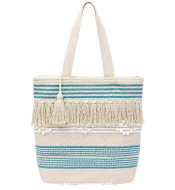 Ivory White & Aqua Blue Handmade Boho Tote Bag for Women