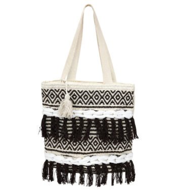 Ivory White & Dark Brown Handmade Boho Tote Bag for Women