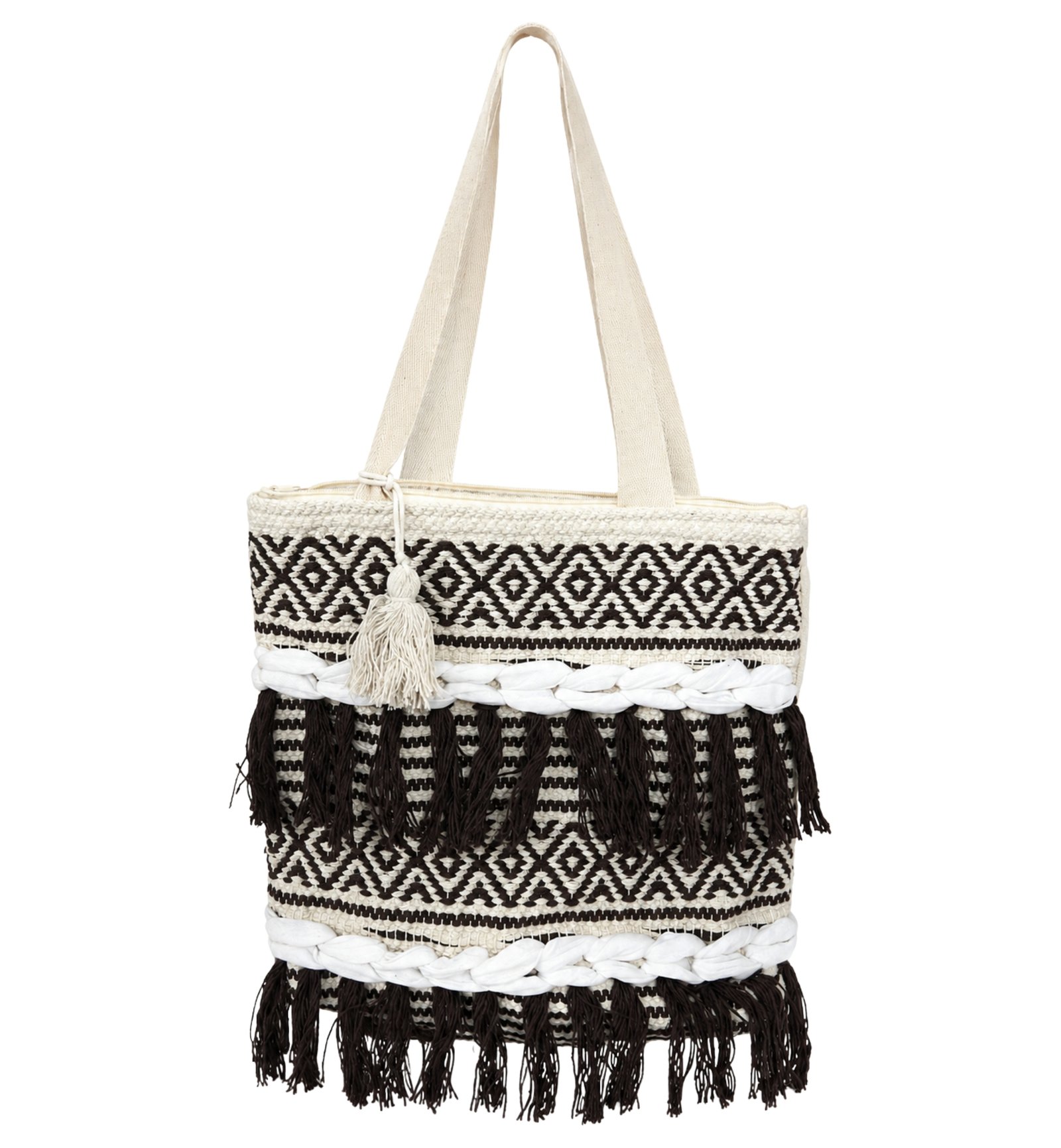 Ivory White & Dark Brown Handmade Boho Tote Bag for Women