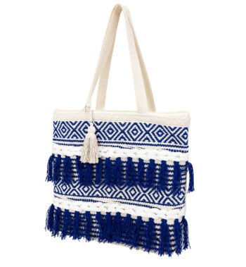 Ivory White & Royal Blue Handmade Boho Tote Bag for Women