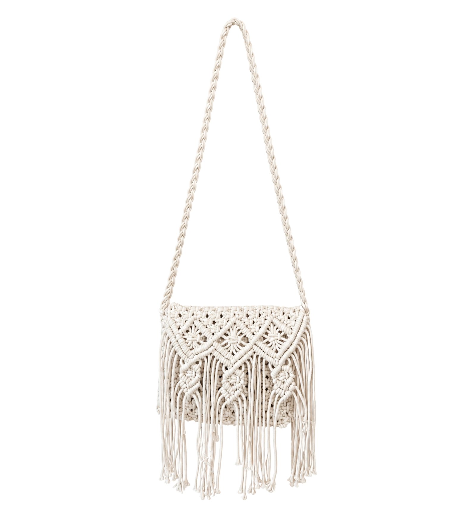Ivory White Handmade Macrame Fringe Sling Bag for Women