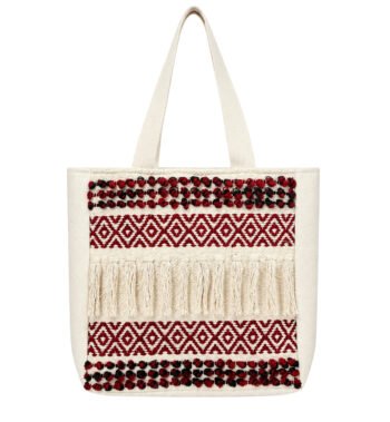 Off White, Maroon & Black Handmade Tote Bag for Women
