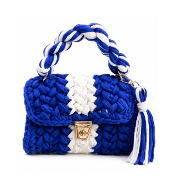 Royal Blue & White Handmade Cotton Crochet Sling Bag For Women