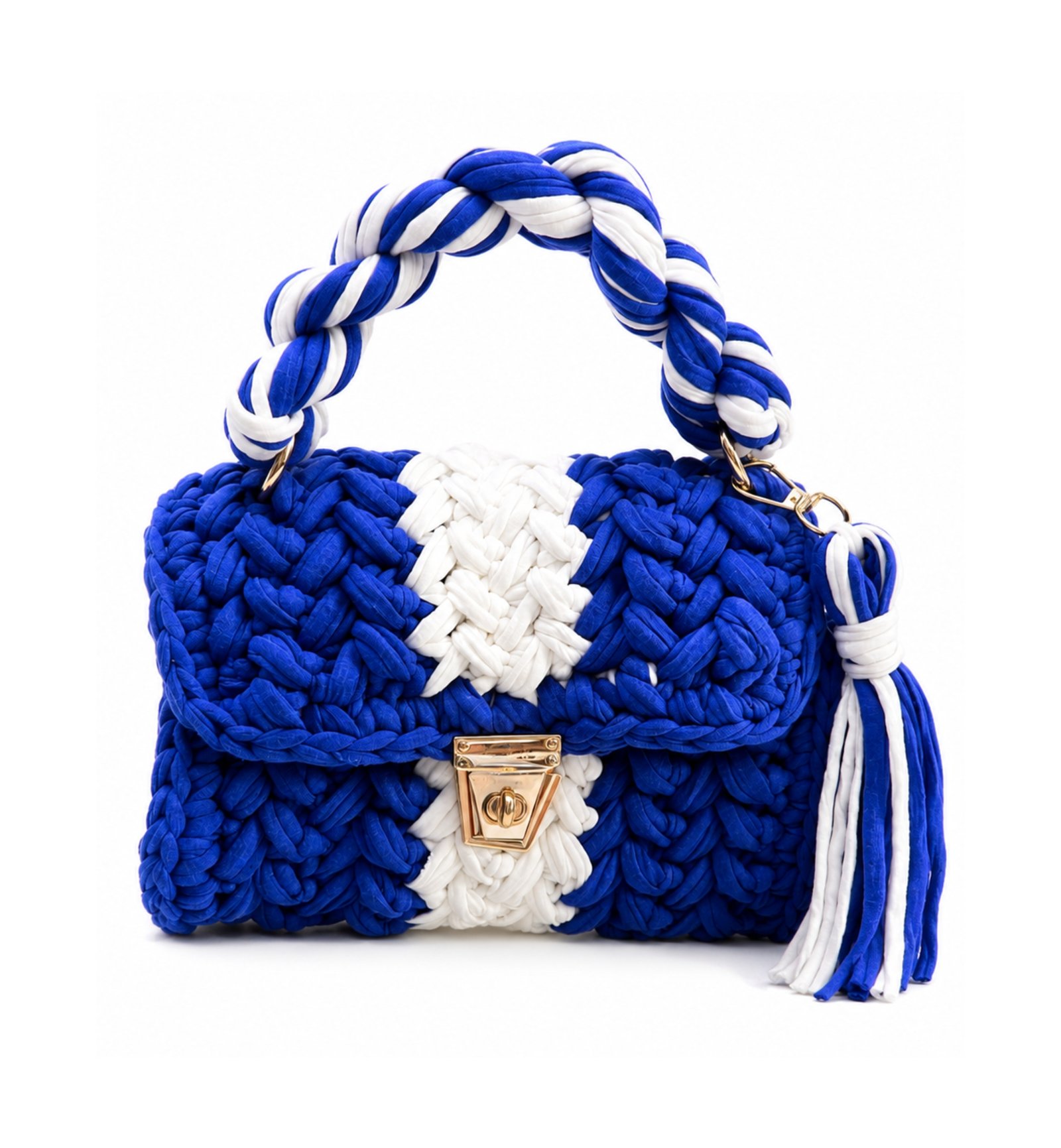 Royal Blue & White Handmade Cotton Crochet Sling Bag For Women