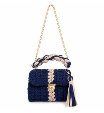 Navy Blue & Beige Handmade Cotton Crochet Sling Bag For Women